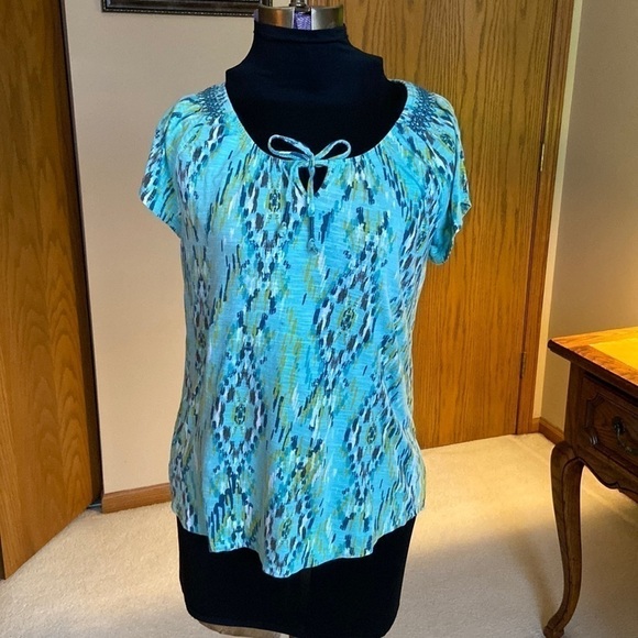 🦄 Sonoma lifestyle cap sleeve tie-Neck patterned top turquoise medium - Picture 9 of 9